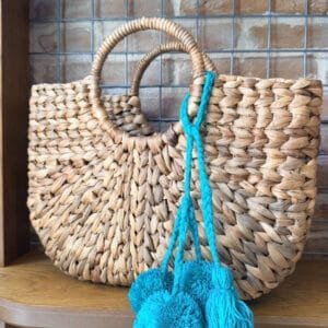 Water Ηyacinth Bag with Blue Pom Pom and Tassel Large