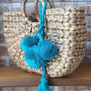 Water Ηyacinth Bag with Blue Pom Pom and Tassel Medium
